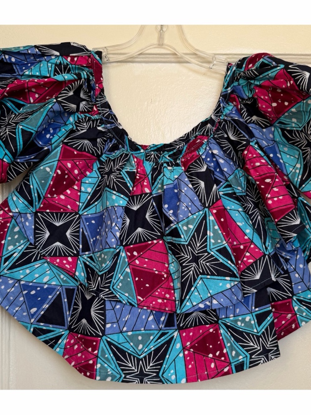 Women's Off-Shoulder African Print Top in Teal, Fuchsia & Navy